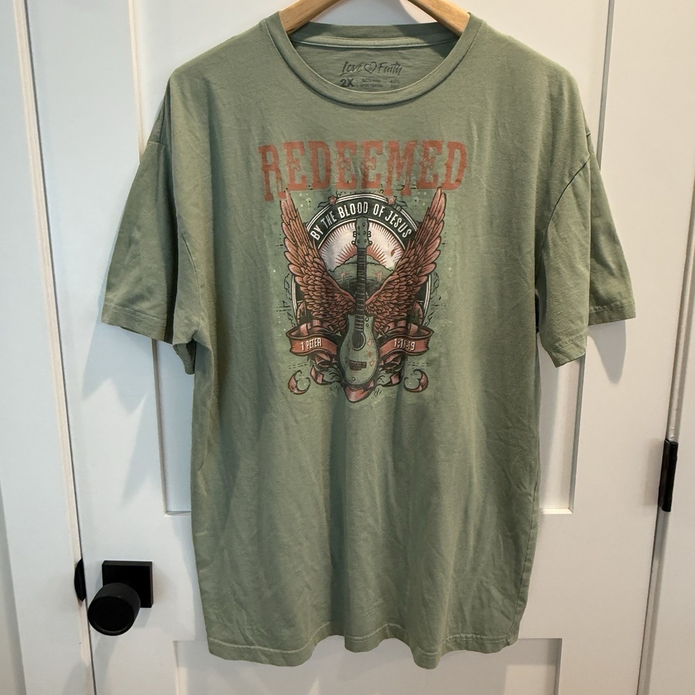 Love In Faith‎ Unisex Green Redeemed T-Shirt Guitar Angel 2X Christian